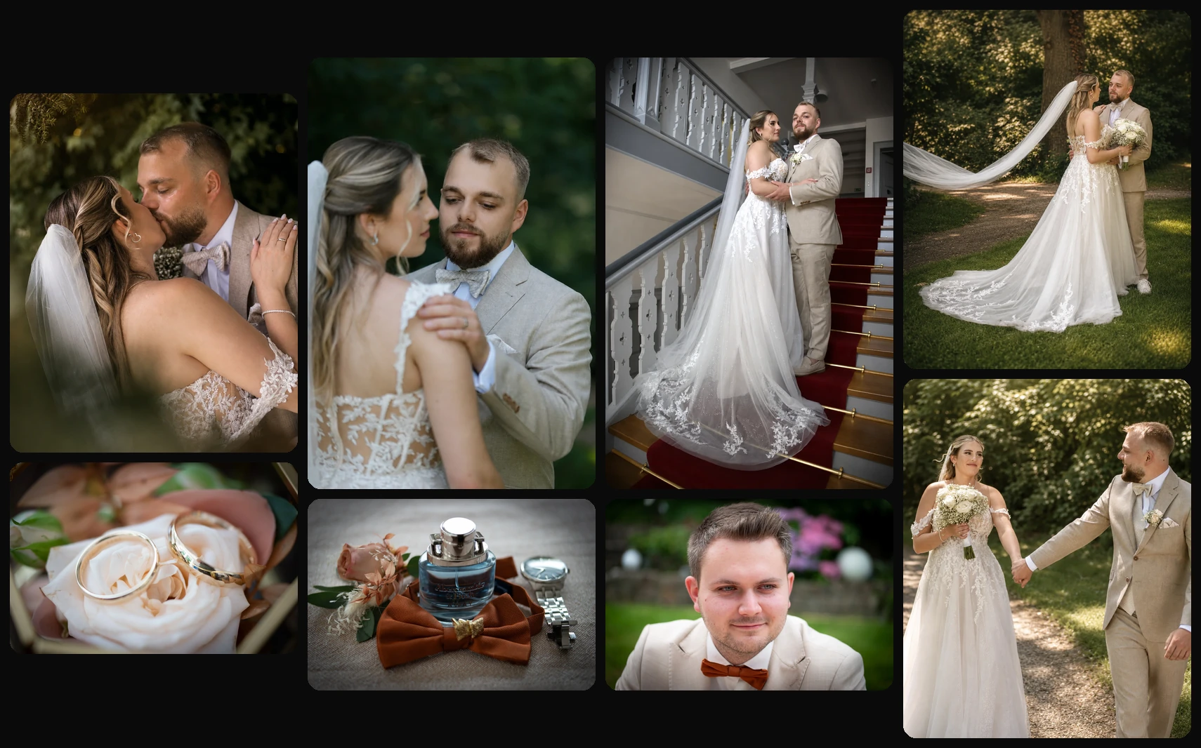 Hochzeitsfotografie Collage mit Paarportraits, Details und Reportagemomenten